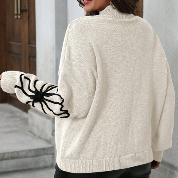 Apricot Casual Women's Plus Size Floral Stand Collar Sweater - Picture 2 of 7